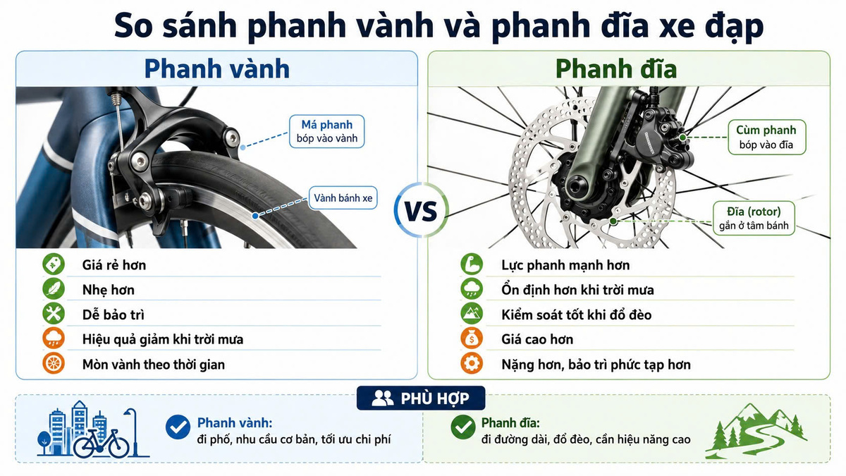 so sánh phanh đĩa và phanh vành xe đạp